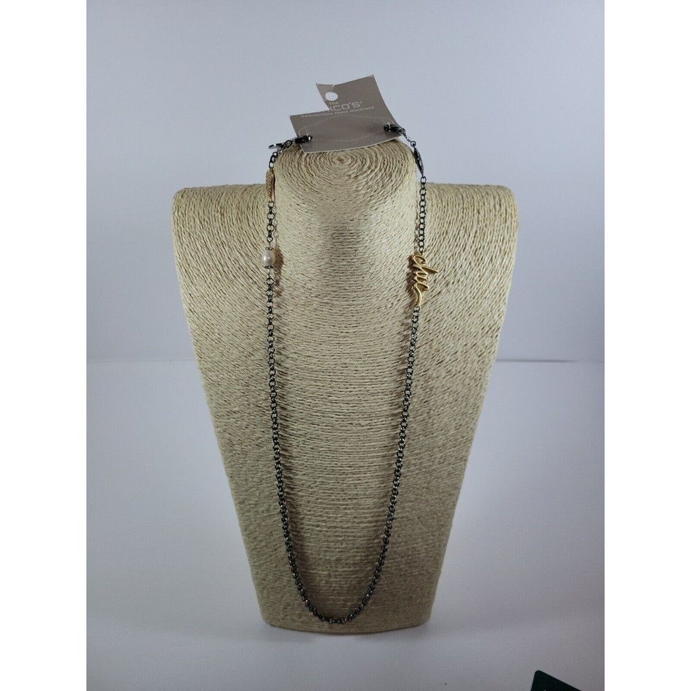 Chico's Gunmetal Heart Faux Pearl Peace Chic Convertible Mask Necklace-NWT